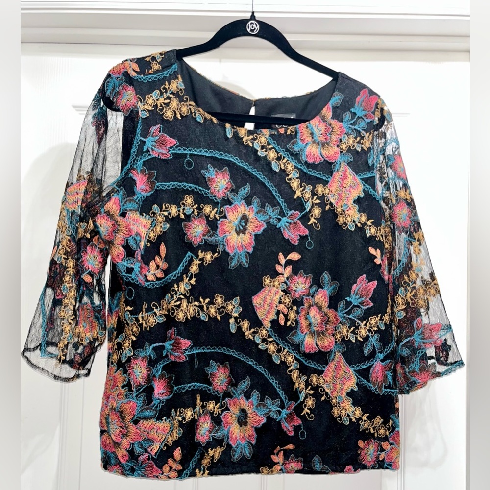 Eci New York black embroidered floral mesh top, flared sleeve